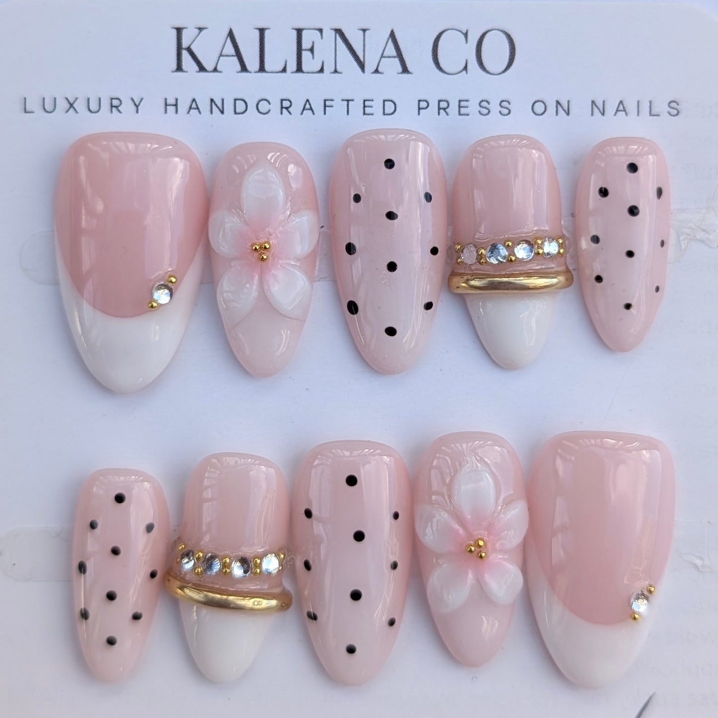 Handmade 3D Press on Nail Set - Pink and Polka Dots (Long)