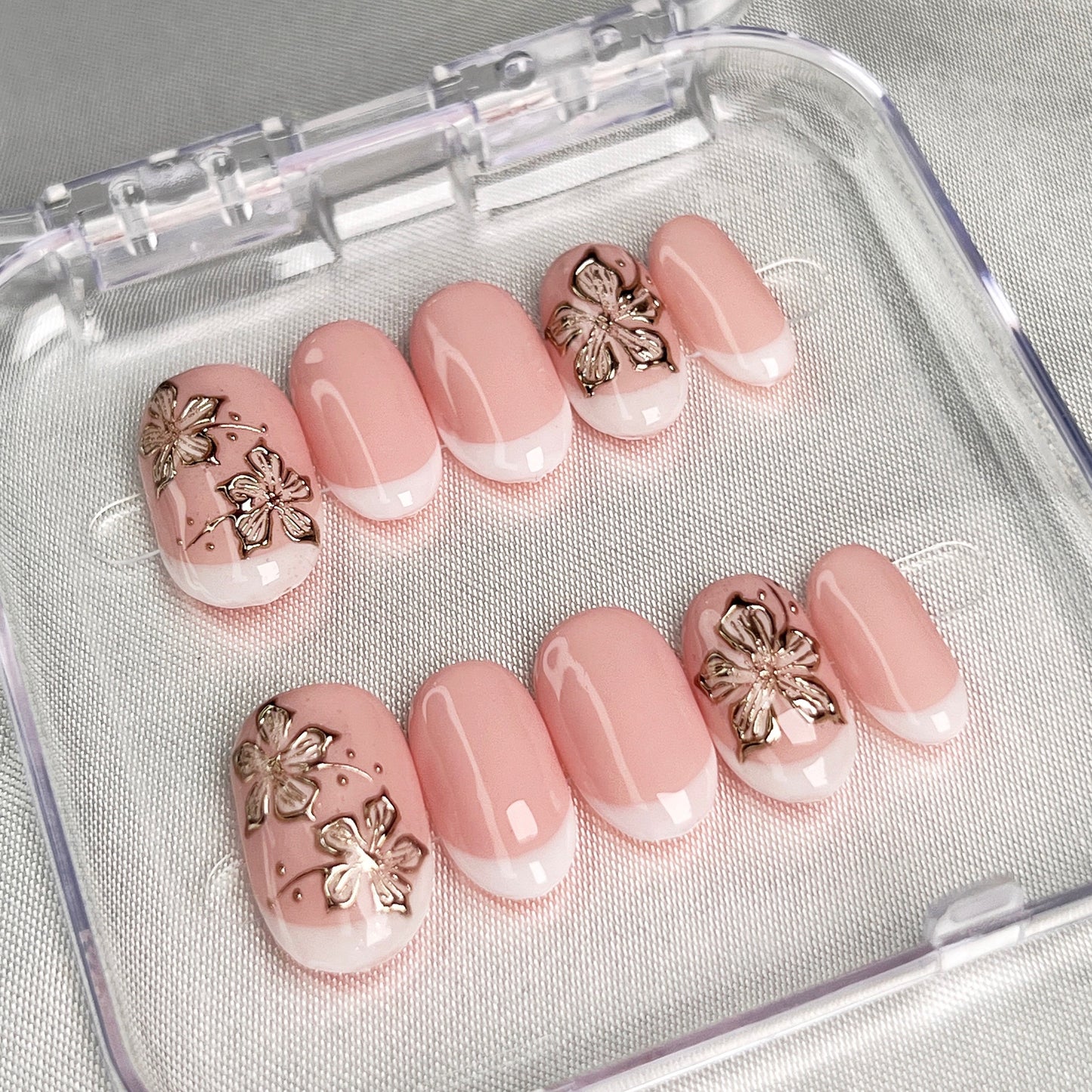 Handmade Press on Nail Set- Gold Chrome Hibiscus