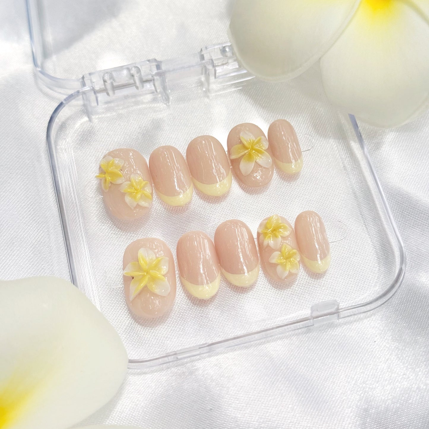 Handmade 3D Press on Nail Set- Plumeria Short