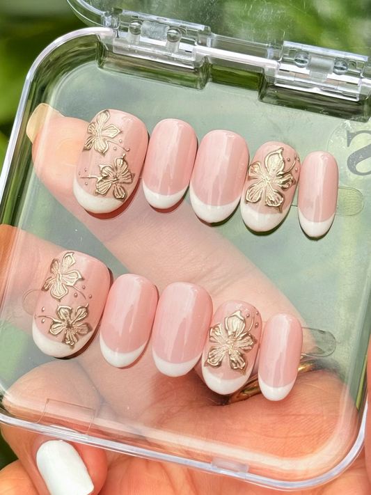 Handmade Press on Nail Set- Gold Chrome Hibiscus