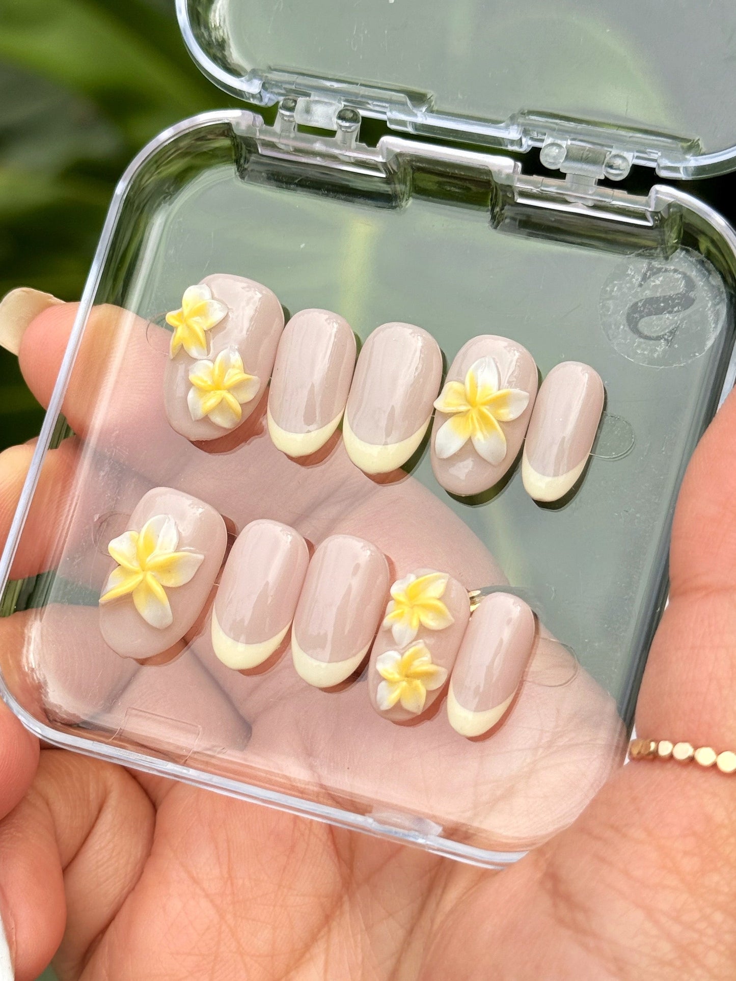 Handmade 3D Press on Nail Set- Plumeria Short