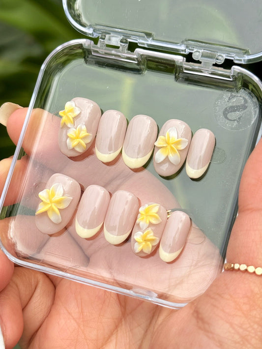 Handmade 3D Press on Nail Set- Plumeria Short