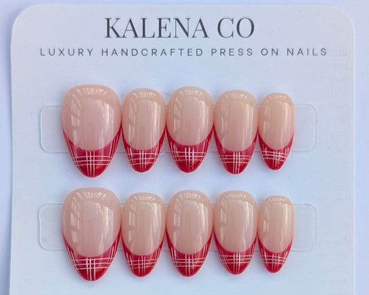 Handmade Press on Nail Set - (Short Almond) Red Palaka