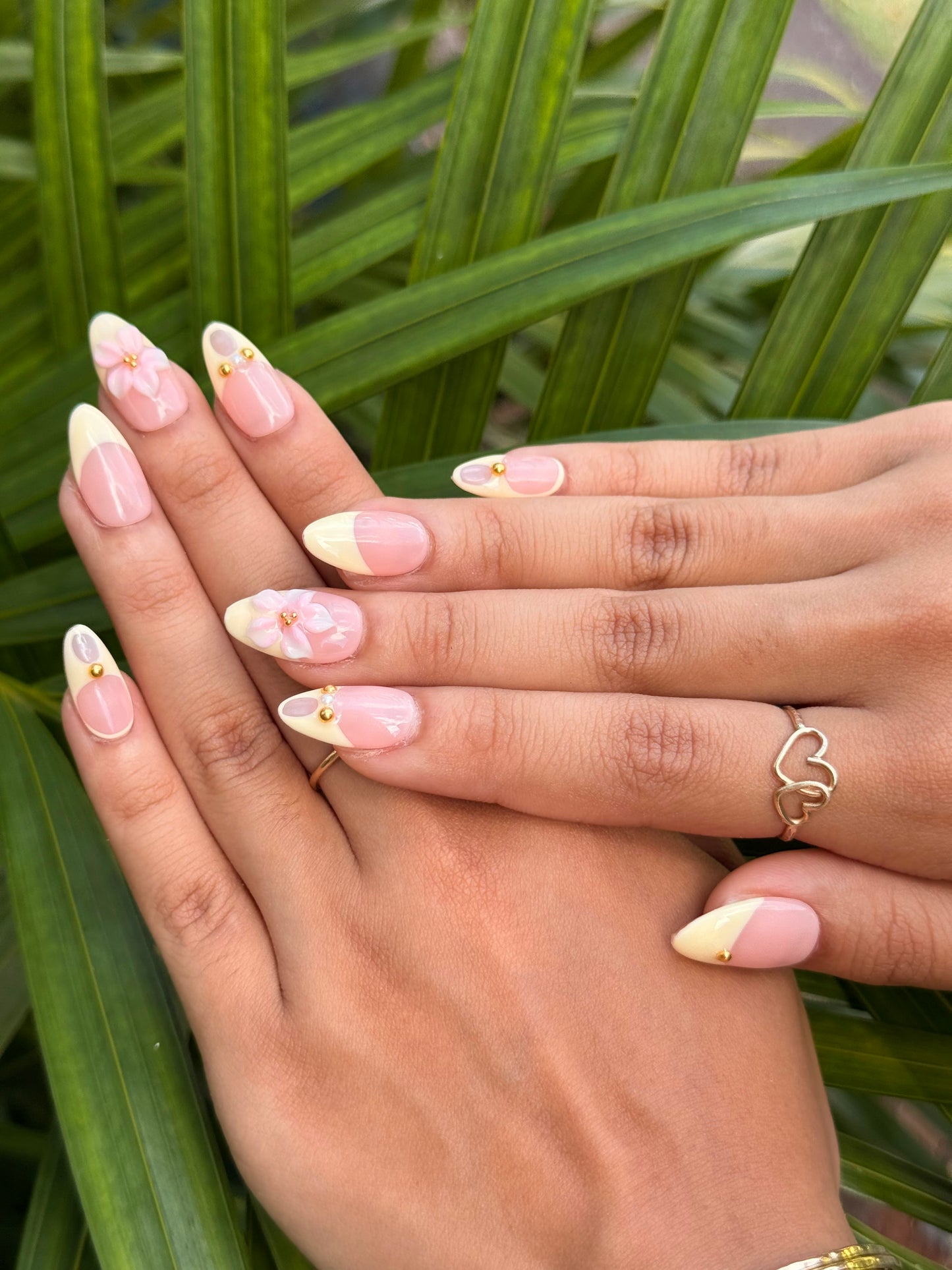 Handmade 3D Press on Nail Set - (Short) Butter Yellow Pink 3D Flower