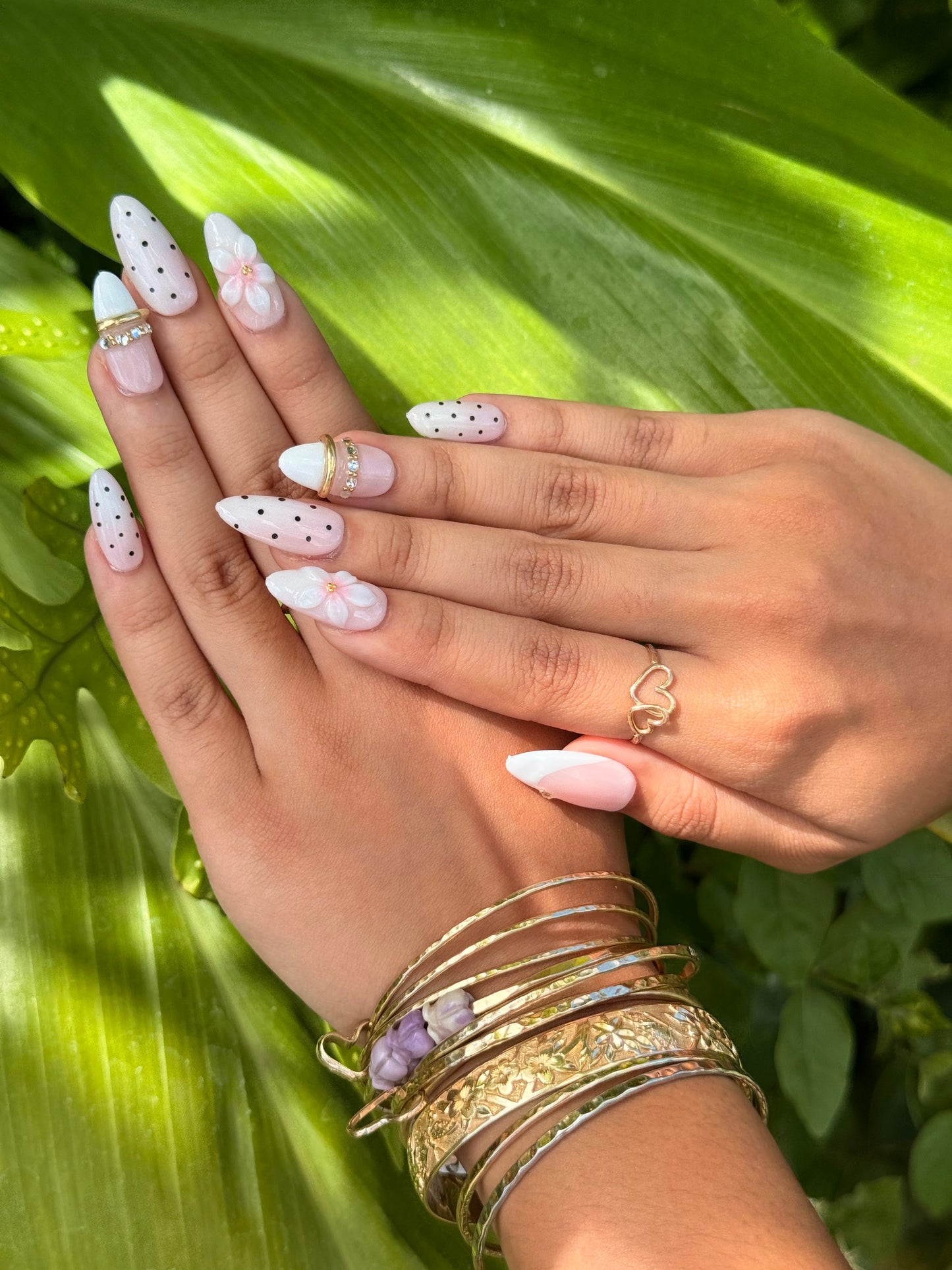 Handmade 3D Press on Nail Set - Almond Long) Pink & Polka Dot