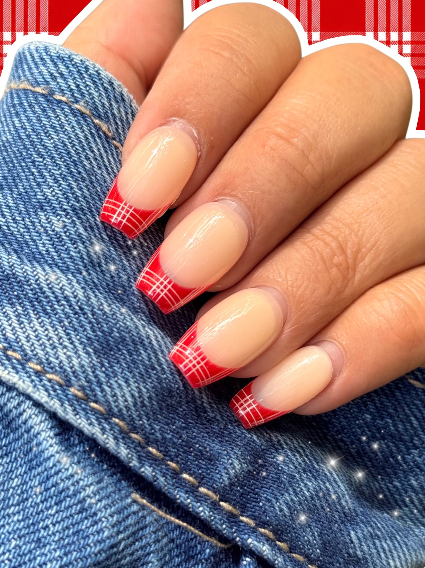 Handmade Press on Nail Set - Red Palaka (Coffin)