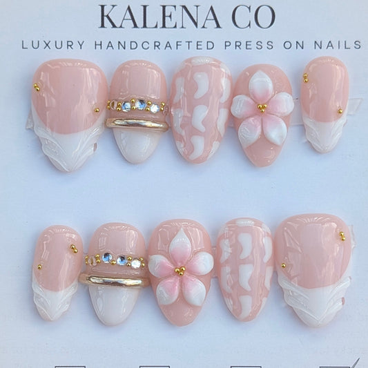 Handmade 3D Press on Nail Set- Pink Hebrew Shell (Short)