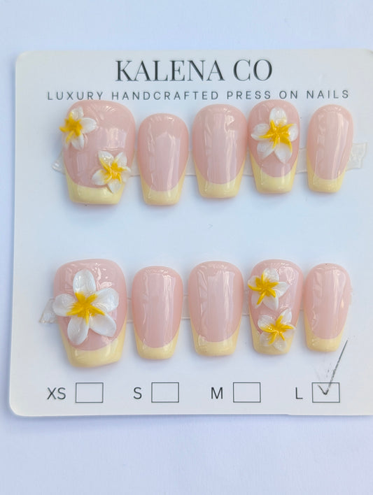 Handmade 3D Press on Nail Set - Plumeria (Coffin Shape)